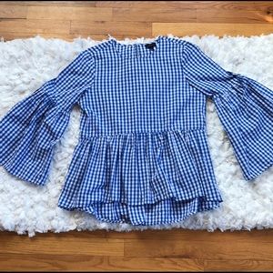 NWT Who What Wear Blue and White Gingham Peplum Blouse with Bell Sleeves, size M